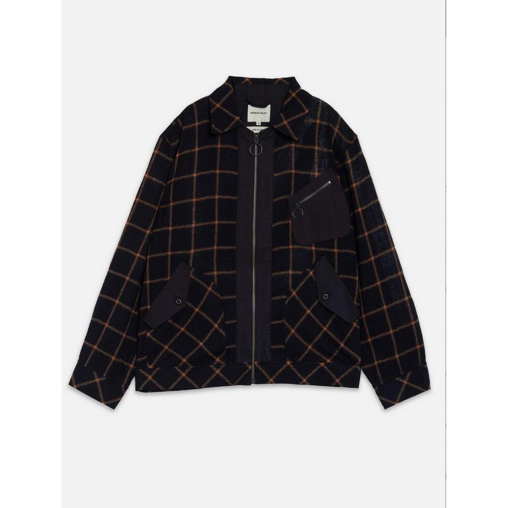 NEW NICHOLAS DALEY men's zip-through shirt jacket in navy/orange check